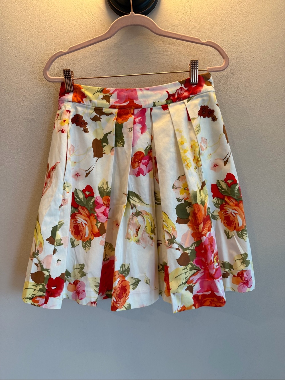 Boston Proper Floral Pleated A-Line Skirt with Pockets White Red Orange Size 4